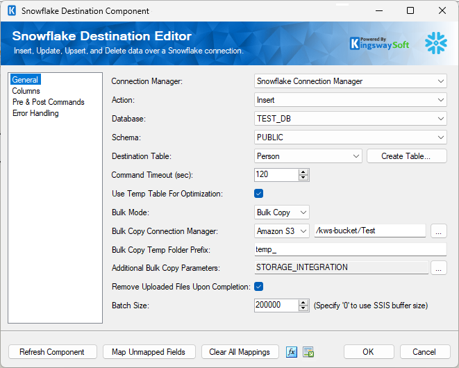 Snowflake Destination - General Page